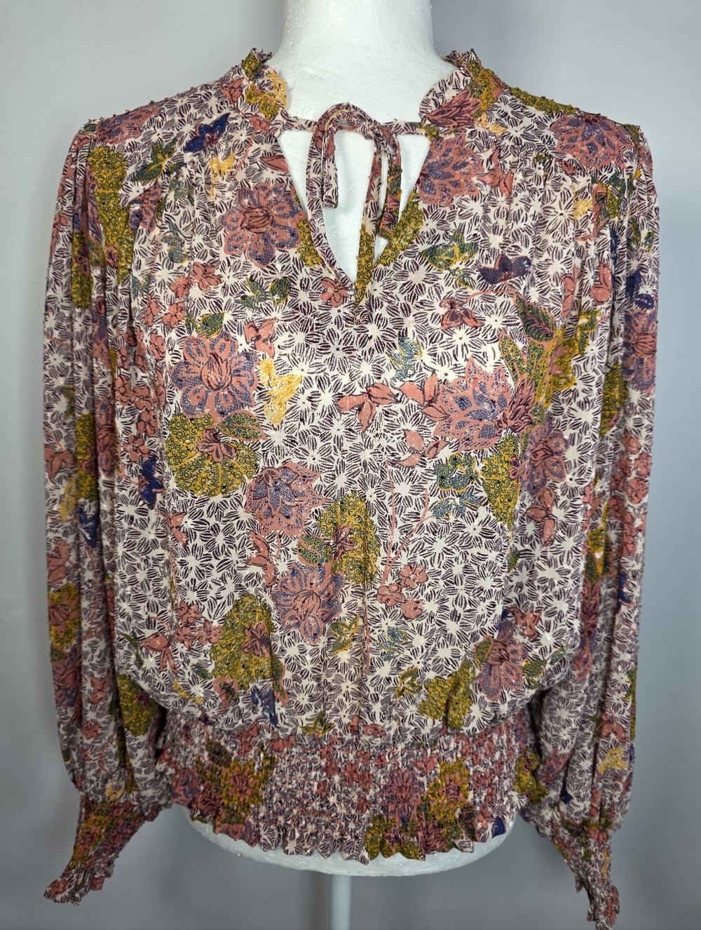 Rachel Zoe Floral Boho Peasant Blouse Womens Medium Smocked Waist Tie Neck Top